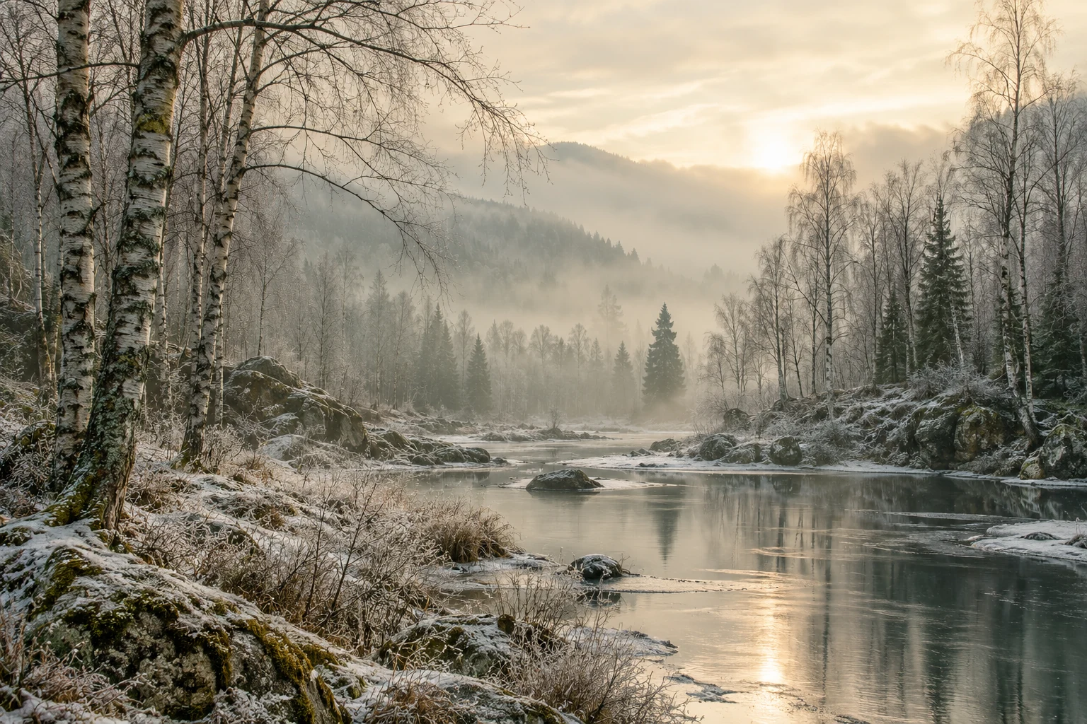 Río y bosque de abedules en invierno