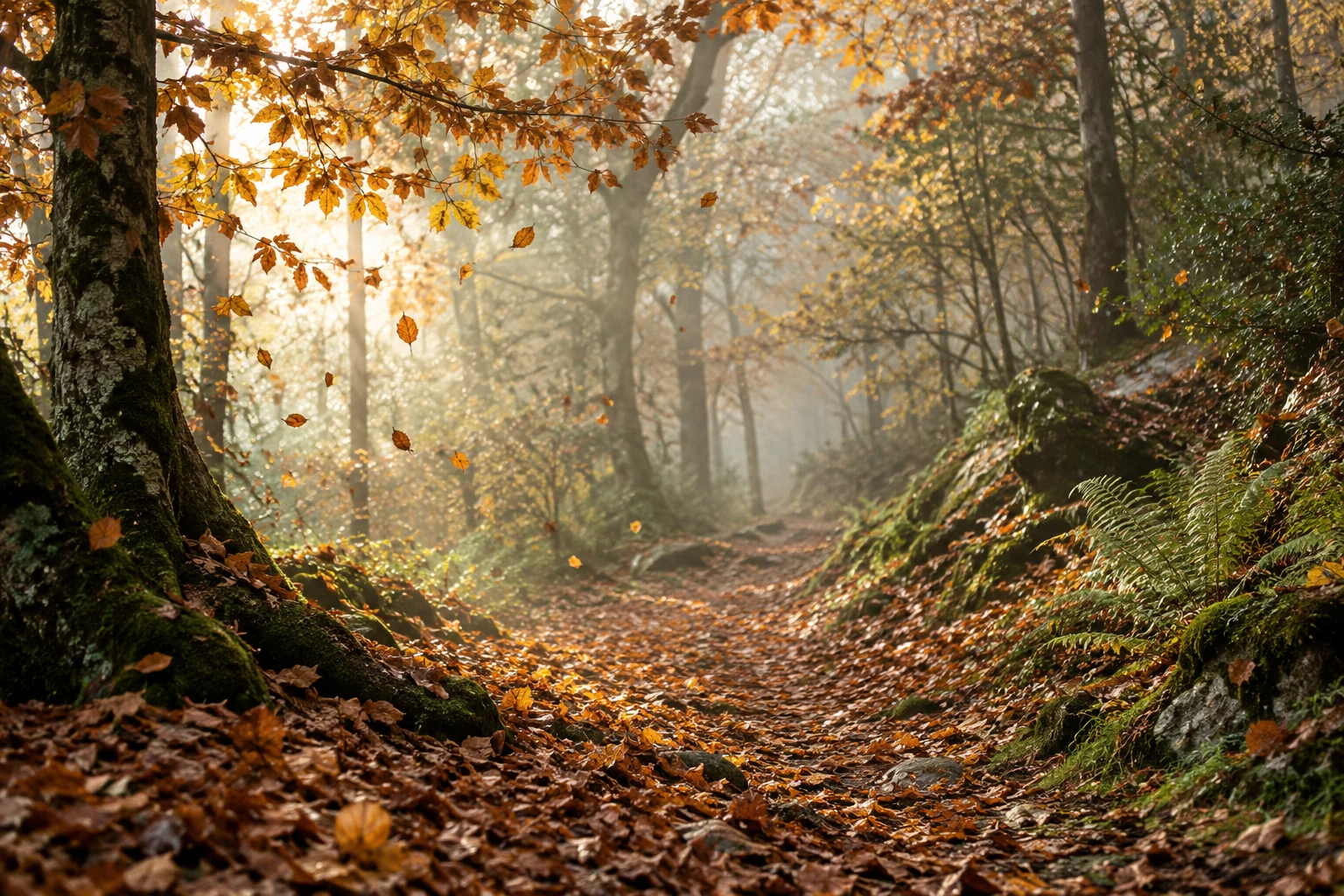 Hojas doradas en un bosque de otoño